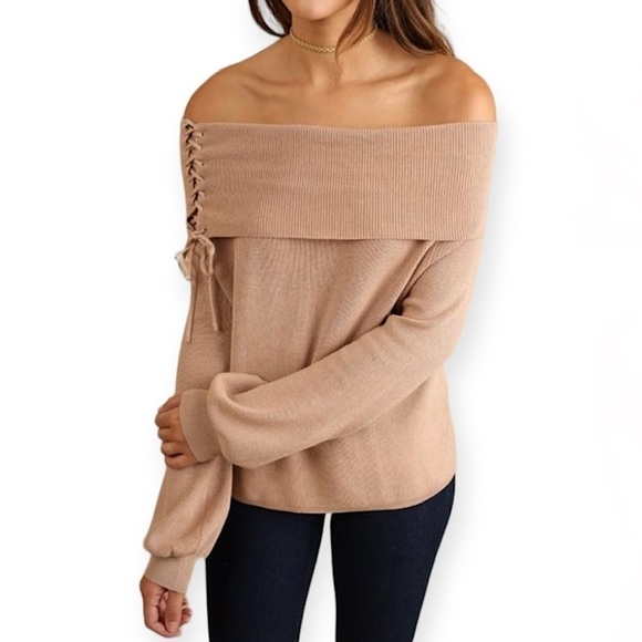 NWT Umgee Women’s Drawstring Neckline Cowl‎ Neck Off Shoulder Sweater Tan Small - Picture 1 of 13